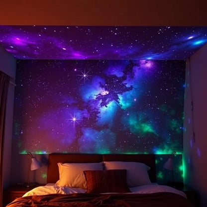 Galaxy projector lighting up bedroom ceiling